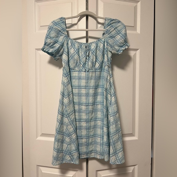 Altar'd State Dresses & Skirts - Altar’d State M Puff Sleeve Blue Plaid Mini Dress